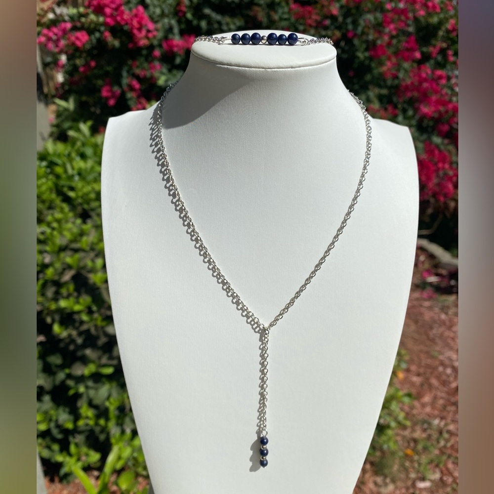 Lapis lazuli lariat necklace and bracelet set